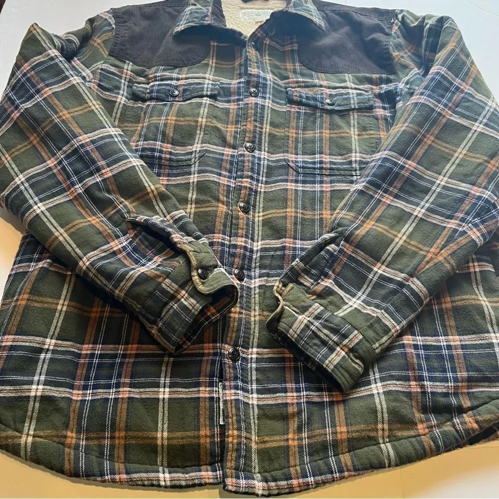 Field & Stream Men's Flannel Jacket Sherpa Lined Full Button Green/Blue Plaid XL
